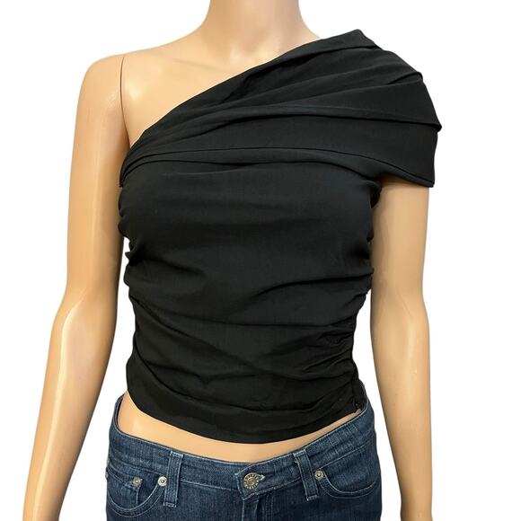 Zara Asymmetric One Shoulder Top Small Black Cropped Ruched Stretchy Going Out - Picture 1 of 11